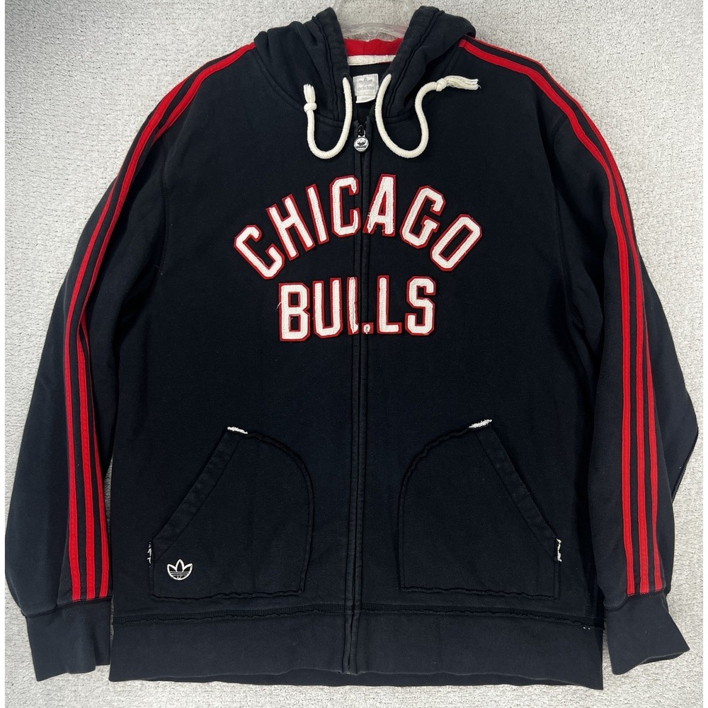 Chicago Bulls Adidas Hoodie Mens 2XL Black Red NBA Basketball 3 Stripes Zip EUC - Picture 1 of 16